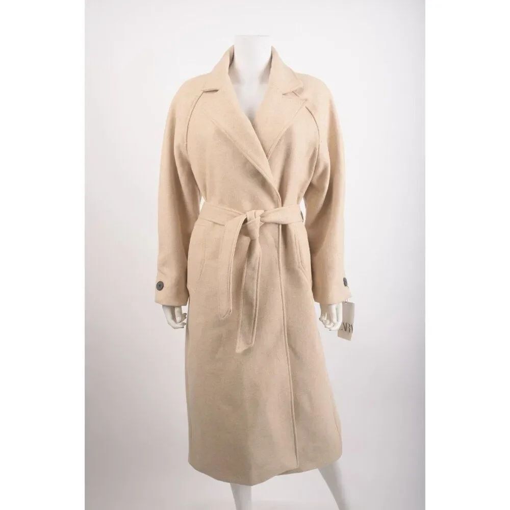 Zara Womans Long Coat Size XS Beige Cream Wool Blend Belted 2052/102 NWT